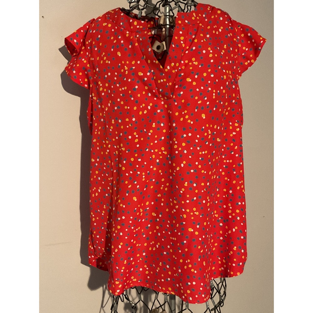Andree by UNIT Red Polka Dot Flutter Sleeve Blouse Split V-Neck Top Small 189-1P